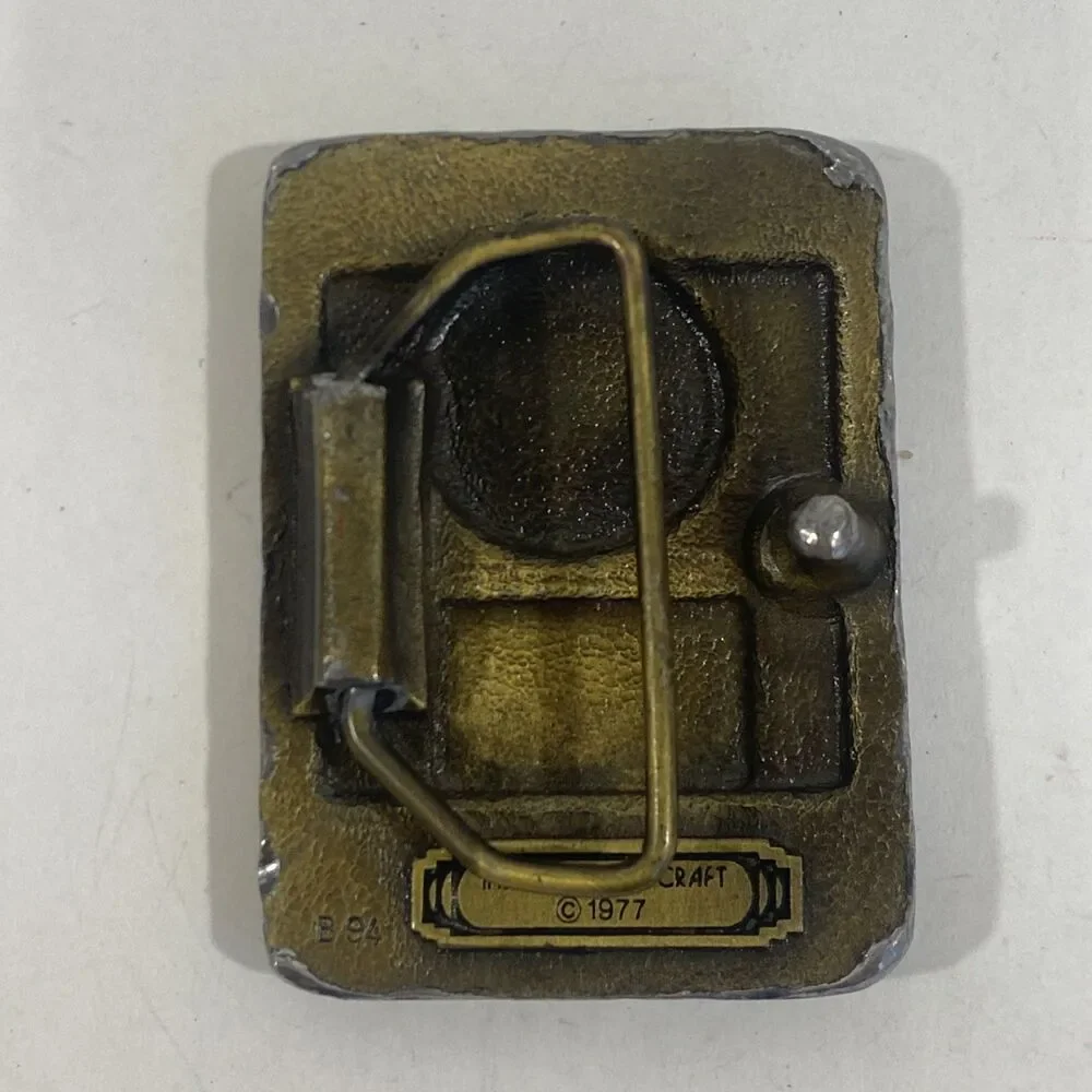 Vintage‎ Distressed Brass Belt Buckle Indiana Metal Craft Train Locamotive 2.5”